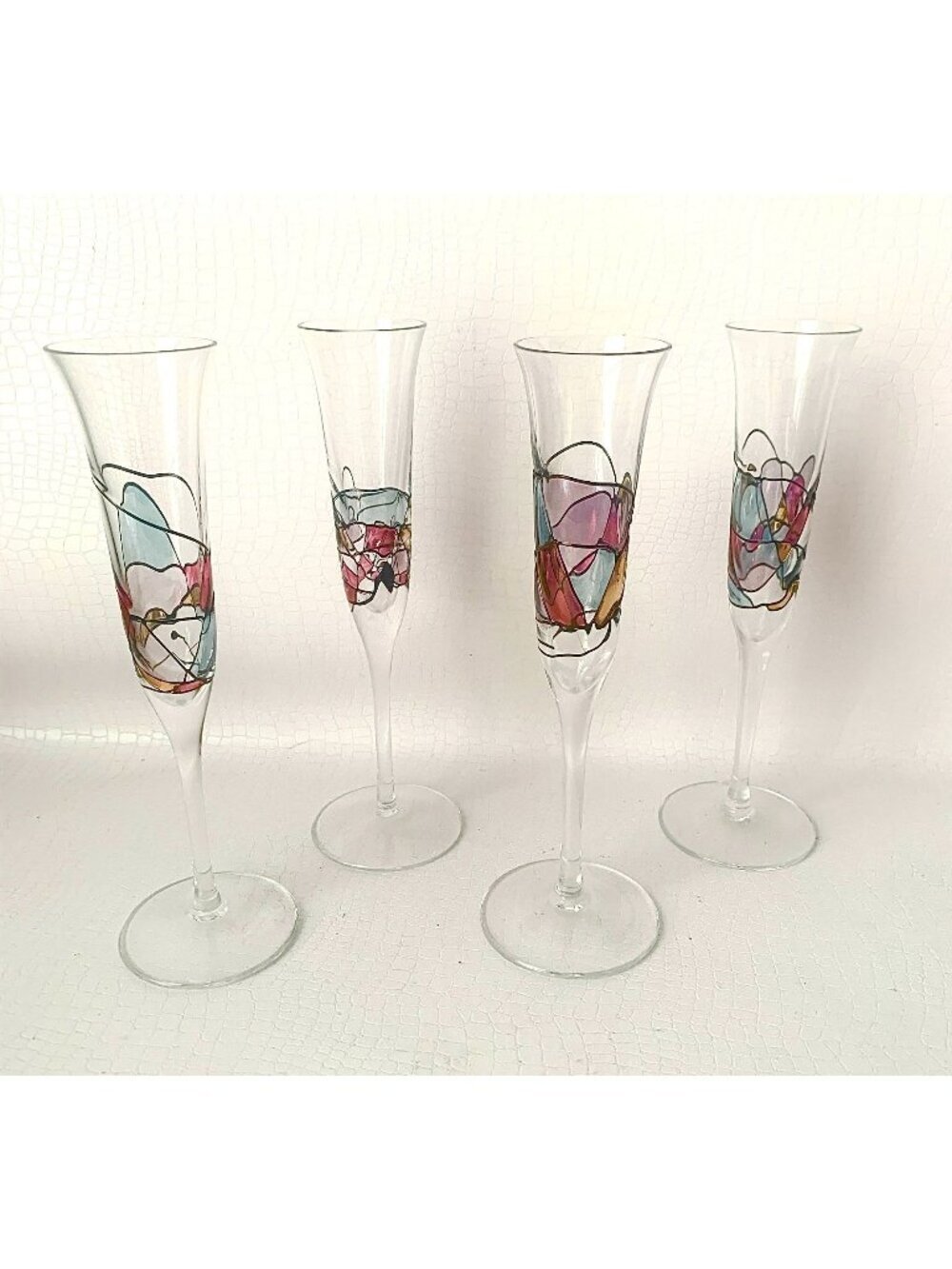 4 Cristiro Milano Mosaic Crystal Champagne Romanian Flutes Wine Glasses Vintage